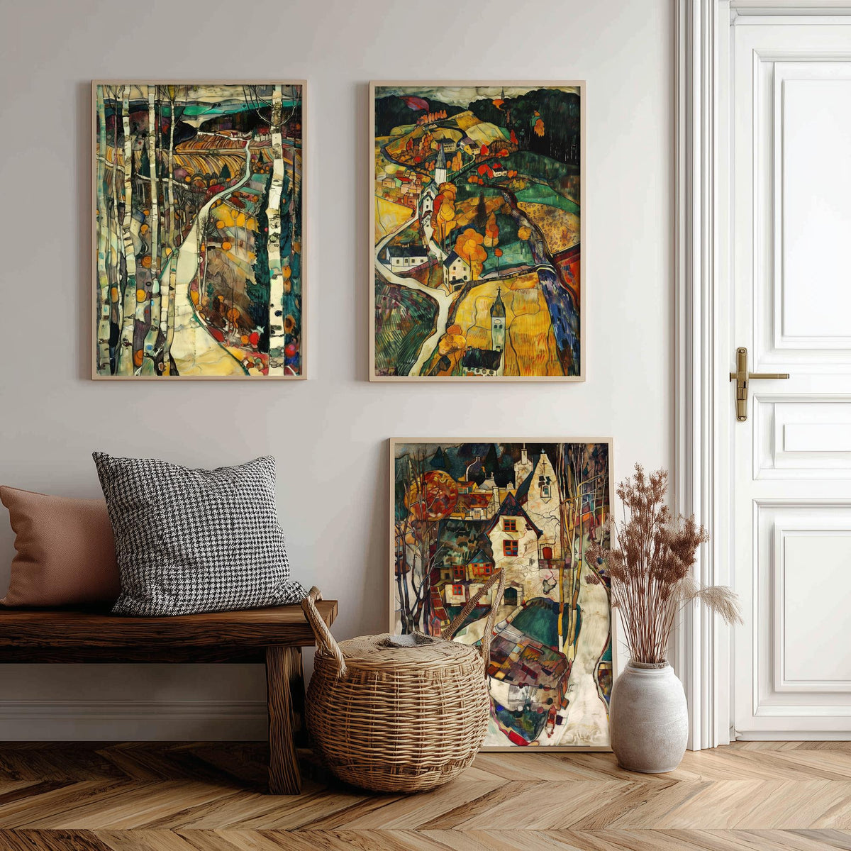 English Countryside Set of Three Art Prints - 3 Village Landscape Posters - Egon Schiele Style Expressive Wall Art Gift Painting
