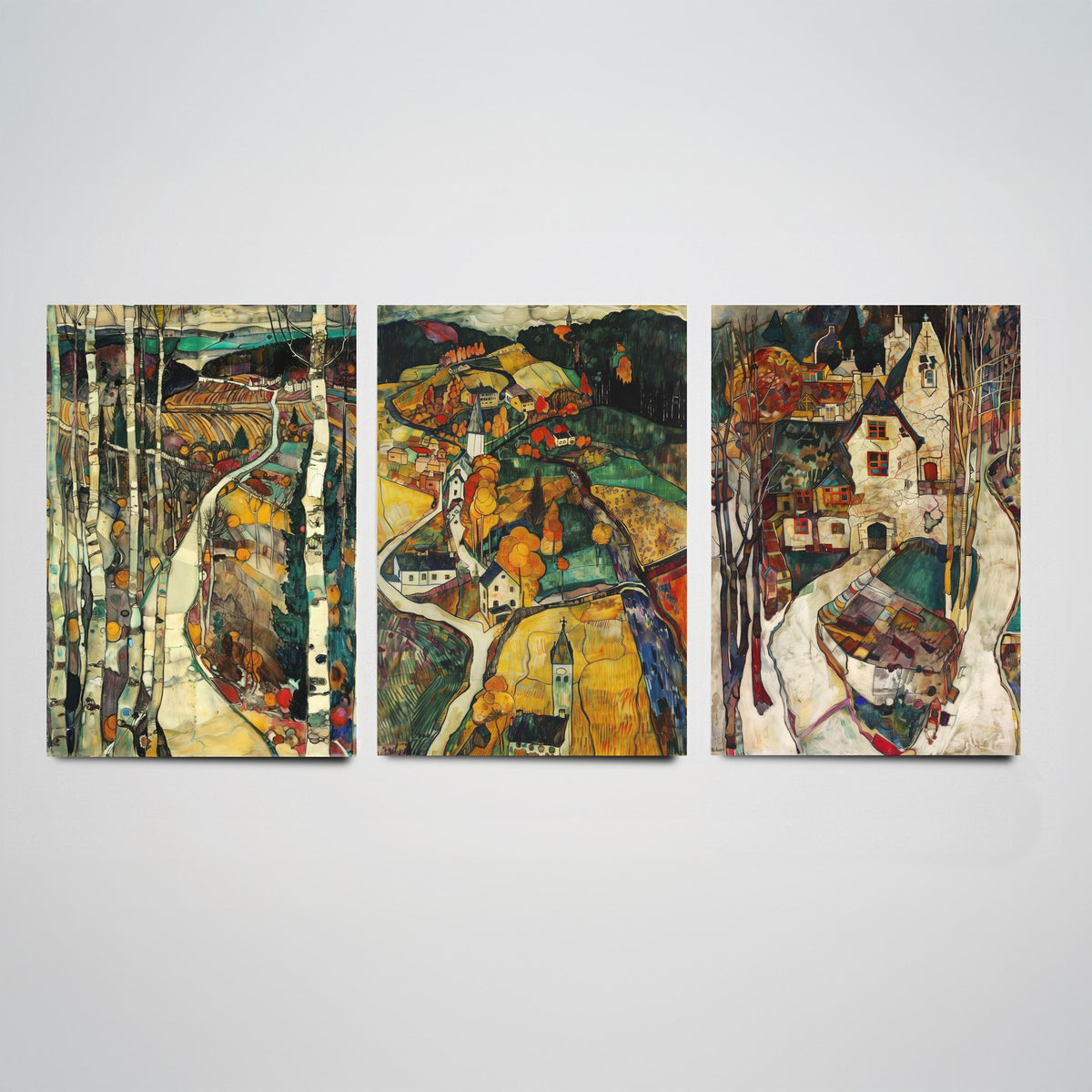 English Countryside Set of Three Art Prints - 3 Village Landscape Posters - Egon Schiele Style Expressive Wall Art Gift Painting