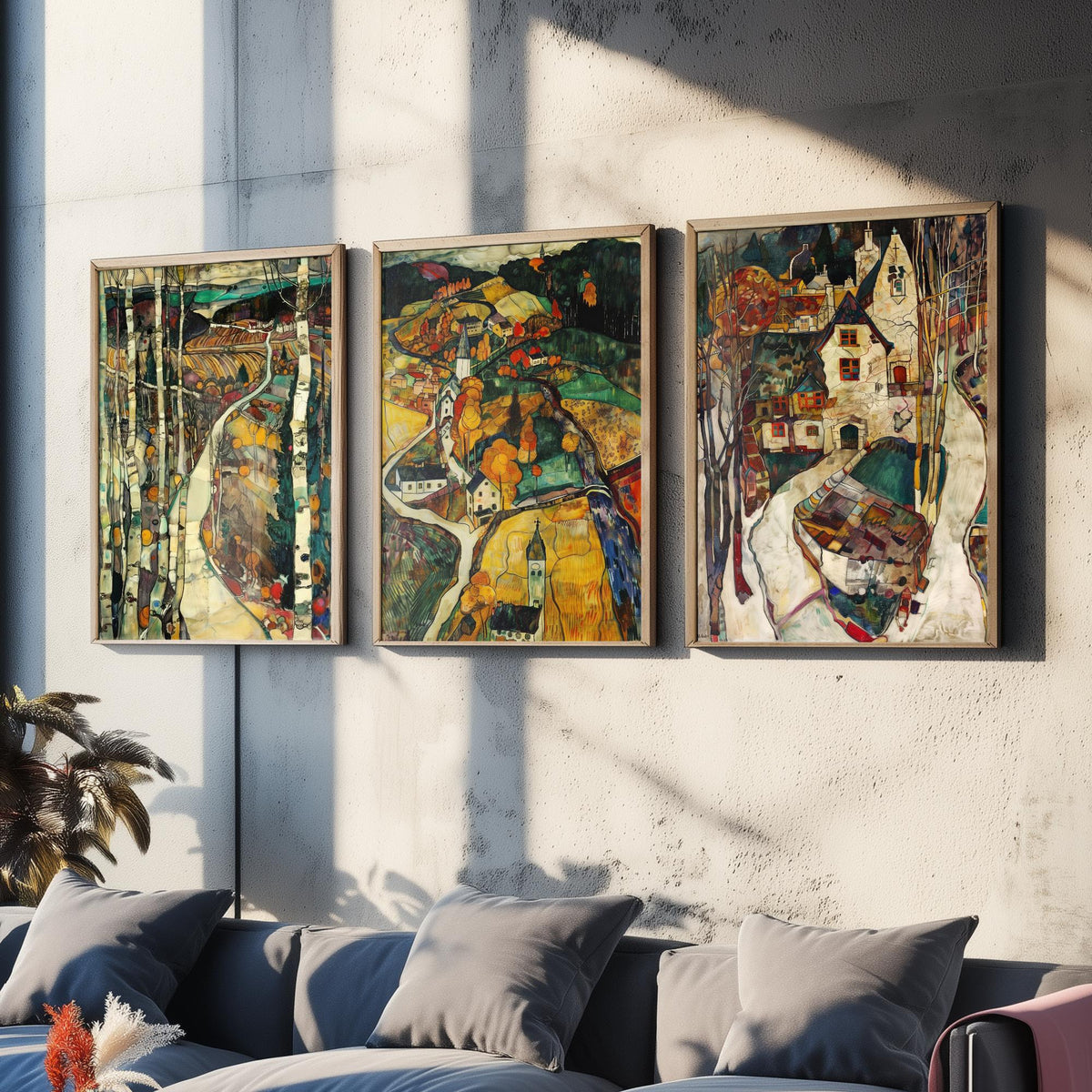 English Countryside Set of Three Art Prints - 3 Village Landscape Posters - Egon Schiele Style Expressive Wall Art Gift Painting