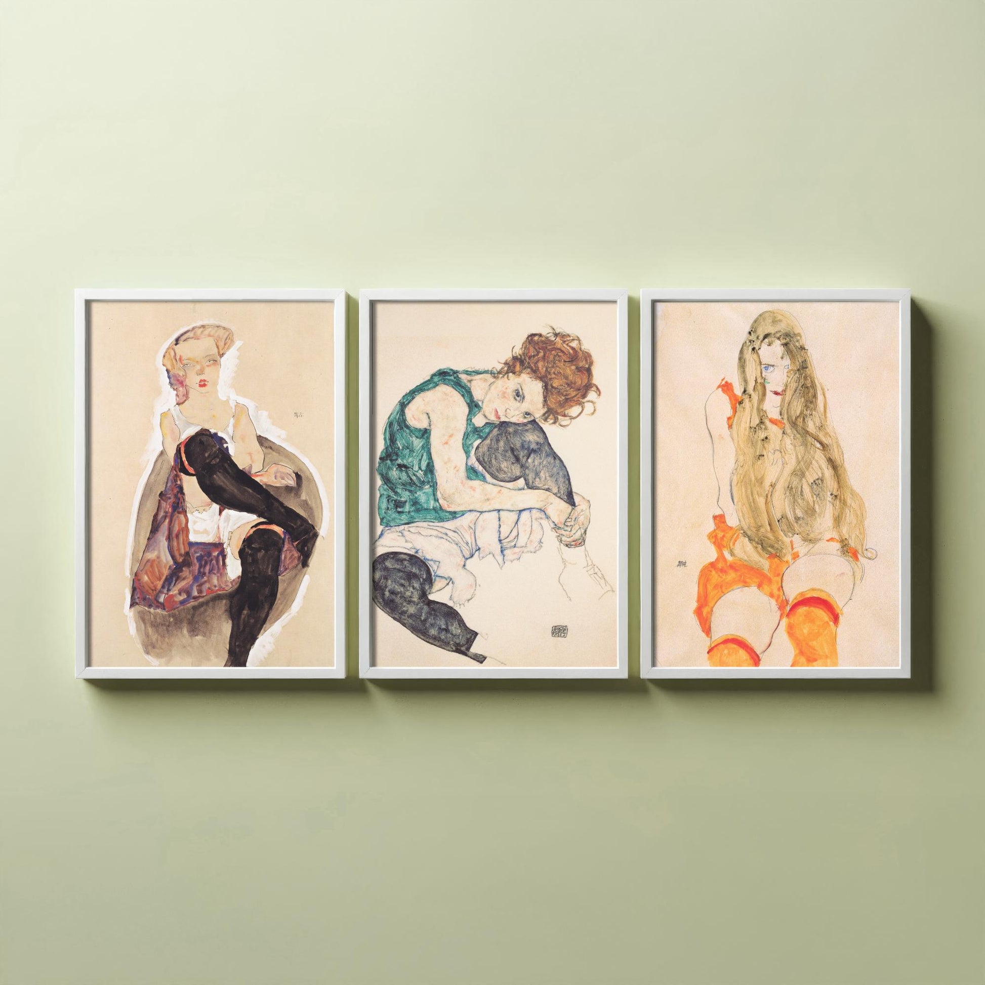 Set of Three Egon Schiele Art Prints - Girl with Crossed Legs, Seated Woman, Girl with Long Hair - Expressionist Watercolour Posters