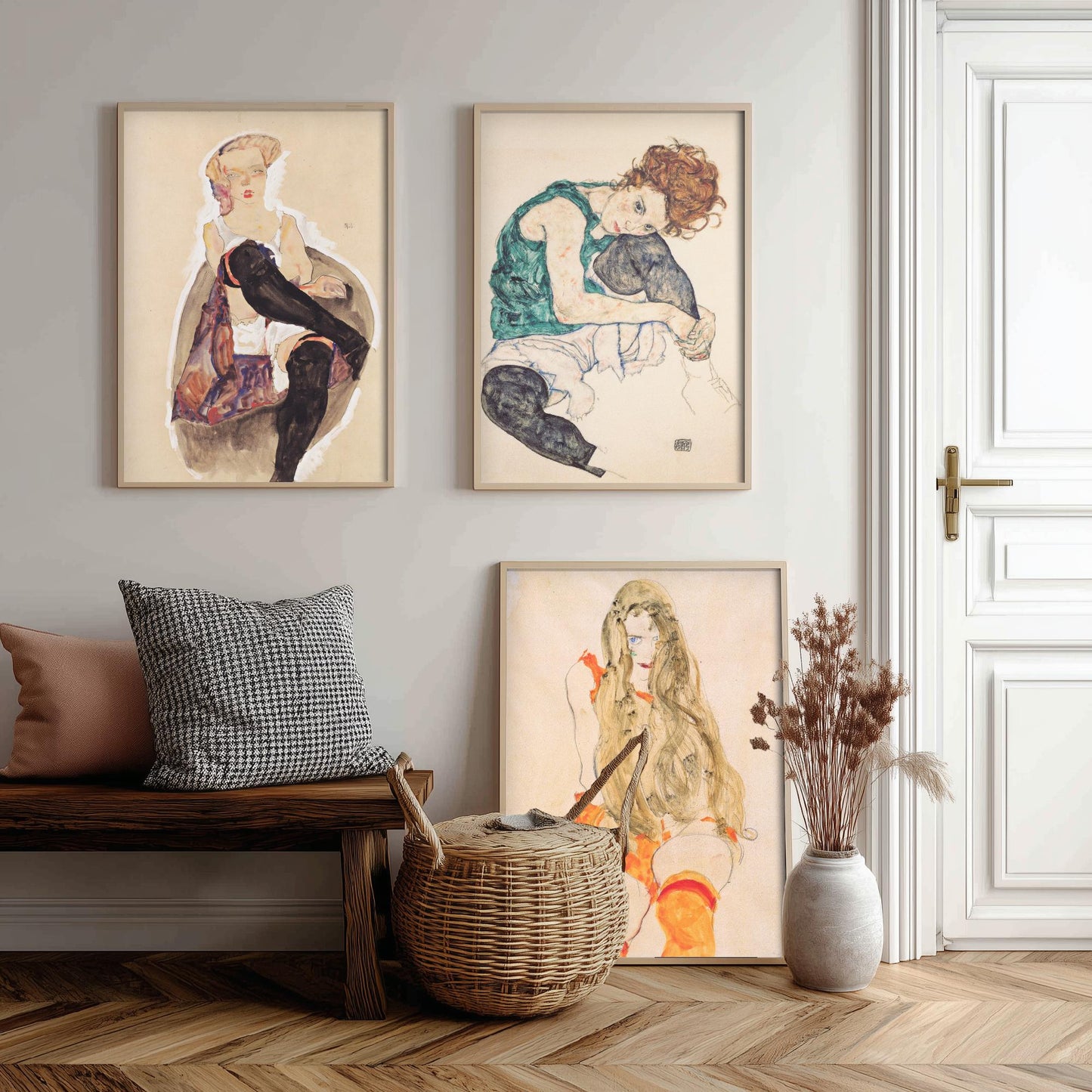 Set of Three Egon Schiele Art Prints - Girl with Crossed Legs, Seated Woman, Girl with Long Hair - Expressionist Watercolour Posters