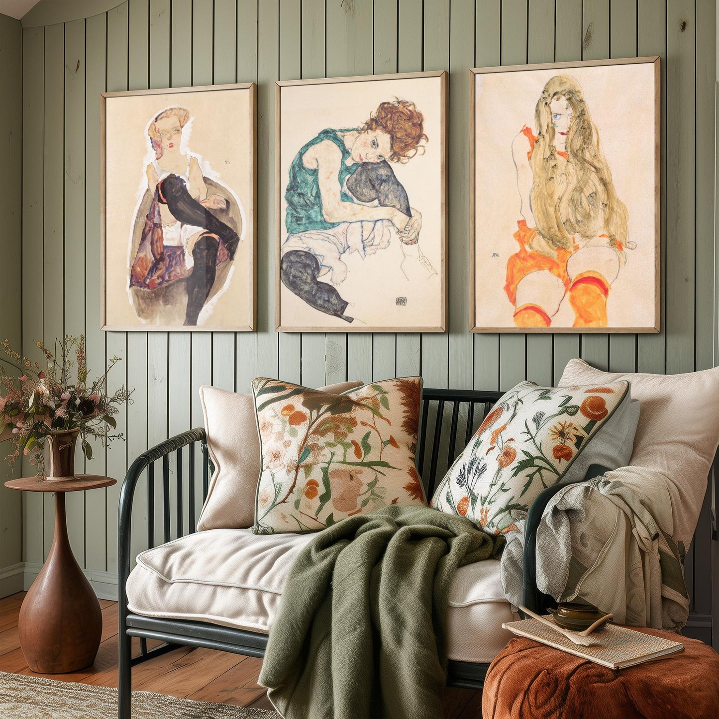 Set of Three Egon Schiele Art Prints - Girl with Crossed Legs, Seated Woman, Girl with Long Hair - Expressionist Watercolour Posters