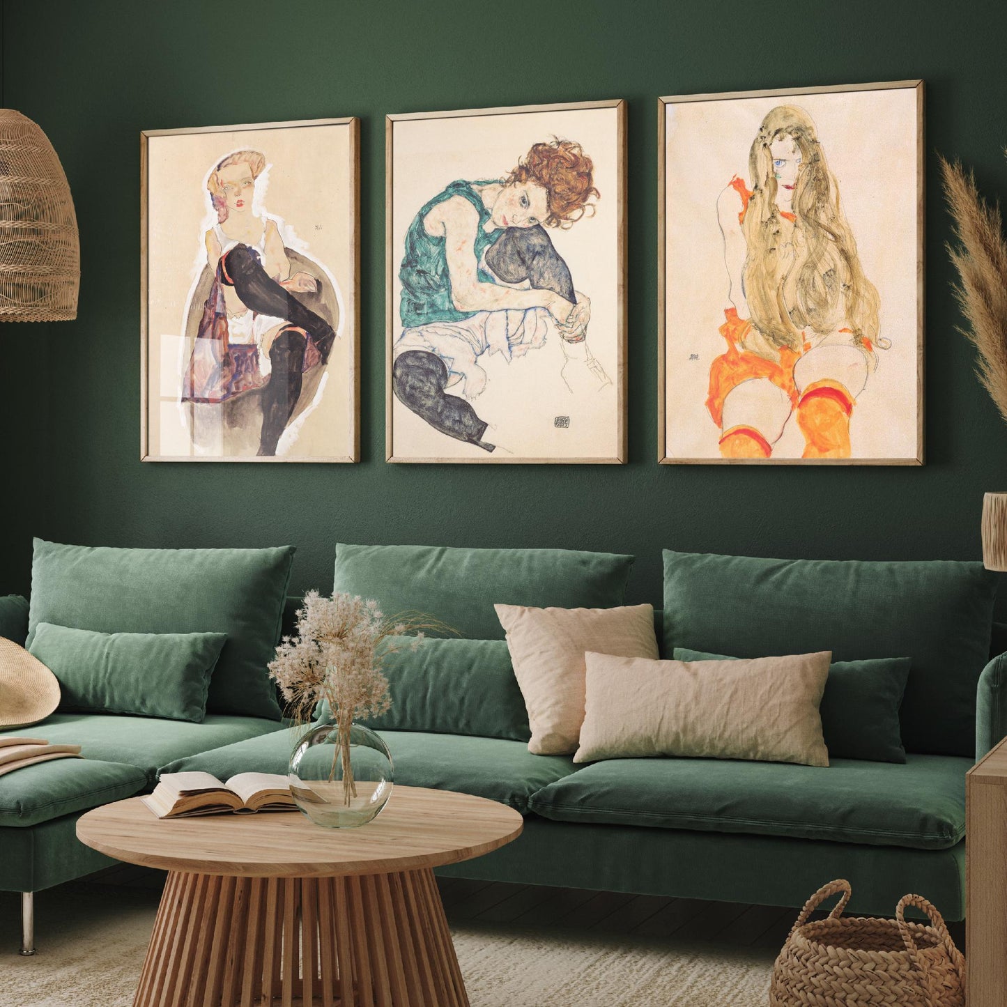 Set of Three Egon Schiele Art Prints - Girl with Crossed Legs, Seated Woman, Girl with Long Hair - Expressionist Watercolour Posters