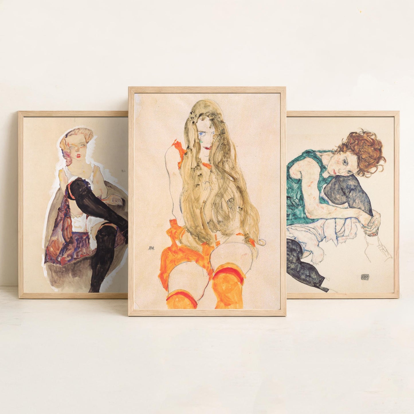Set of Three Egon Schiele Art Prints - Girl with Crossed Legs, Seated Woman, Girl with Long Hair - Expressionist Watercolour Posters