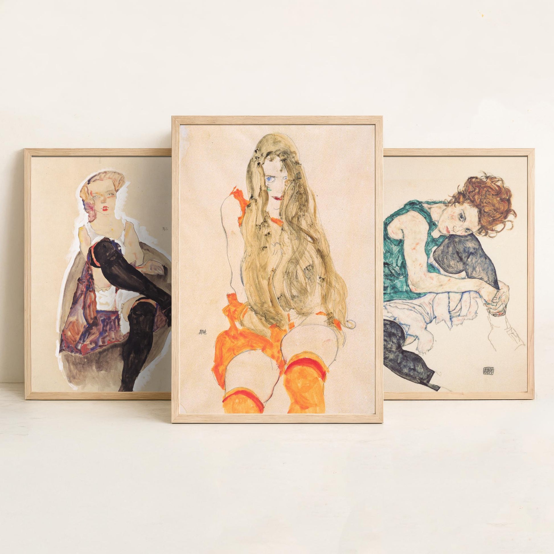 Set of Three Egon Schiele Art Prints - Girl with Crossed Legs, Seated Woman, Girl with Long Hair - Expressionist Watercolour Posters