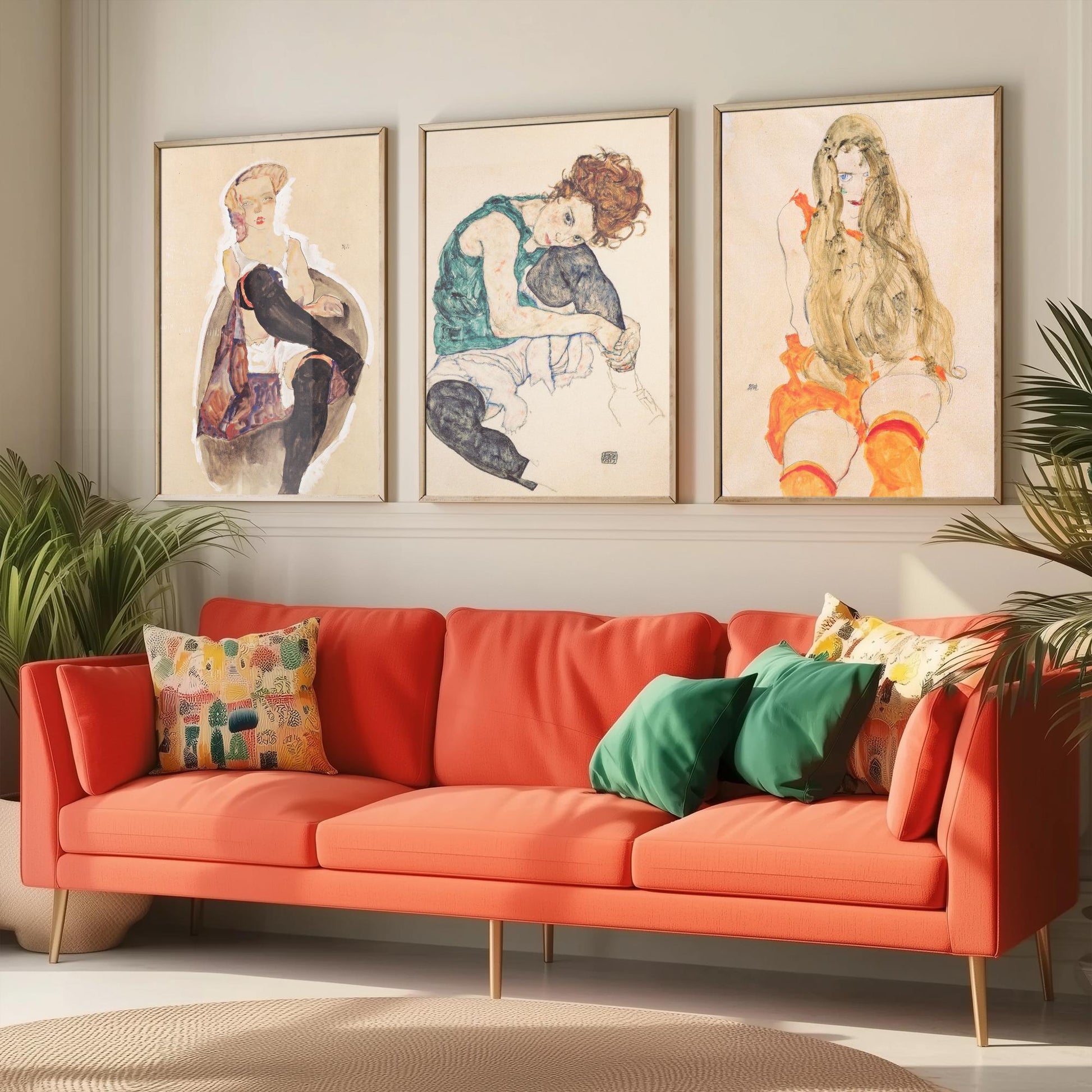 Set of Three Egon Schiele Art Prints - Girl with Crossed Legs, Seated Woman, Girl with Long Hair - Expressionist Watercolour Posters