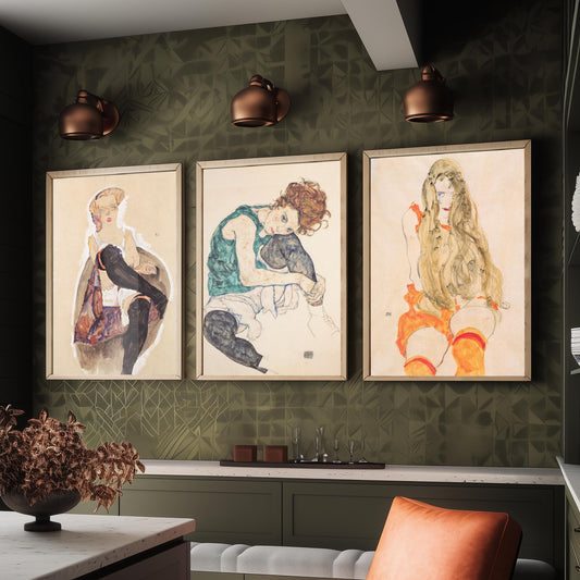Set of Three Egon Schiele Art Prints - Girl with Crossed Legs, Seated Woman, Girl with Long Hair - Expressionist Watercolour Posters