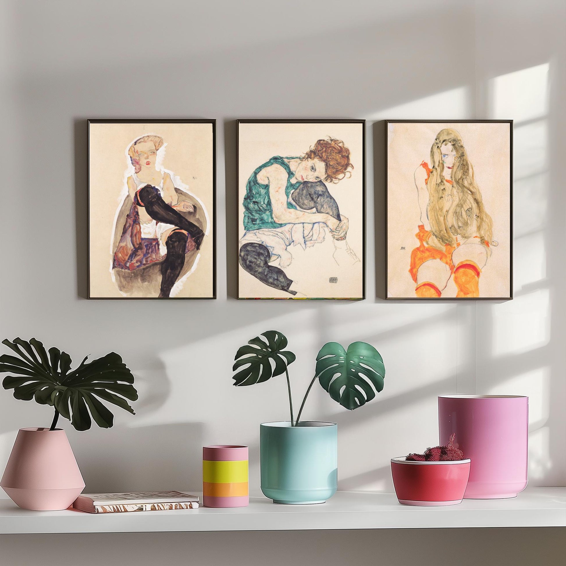 Set of Three Egon Schiele Art Prints - Girl with Crossed Legs, Seated Woman, Girl with Long Hair - Expressionist Watercolour Posters