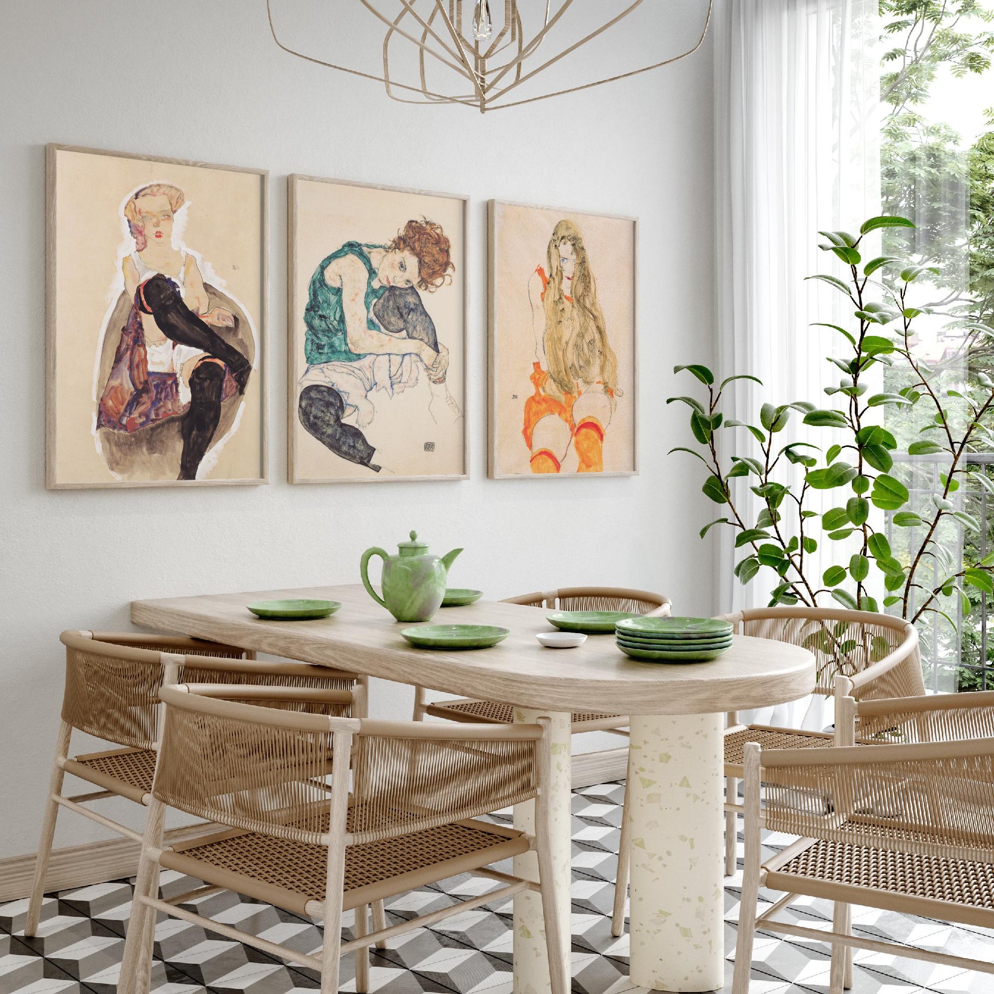 Set of Three Egon Schiele Art Prints - Girl with Crossed Legs, Seated Woman, Girl with Long Hair - Expressionist Watercolour Posters
