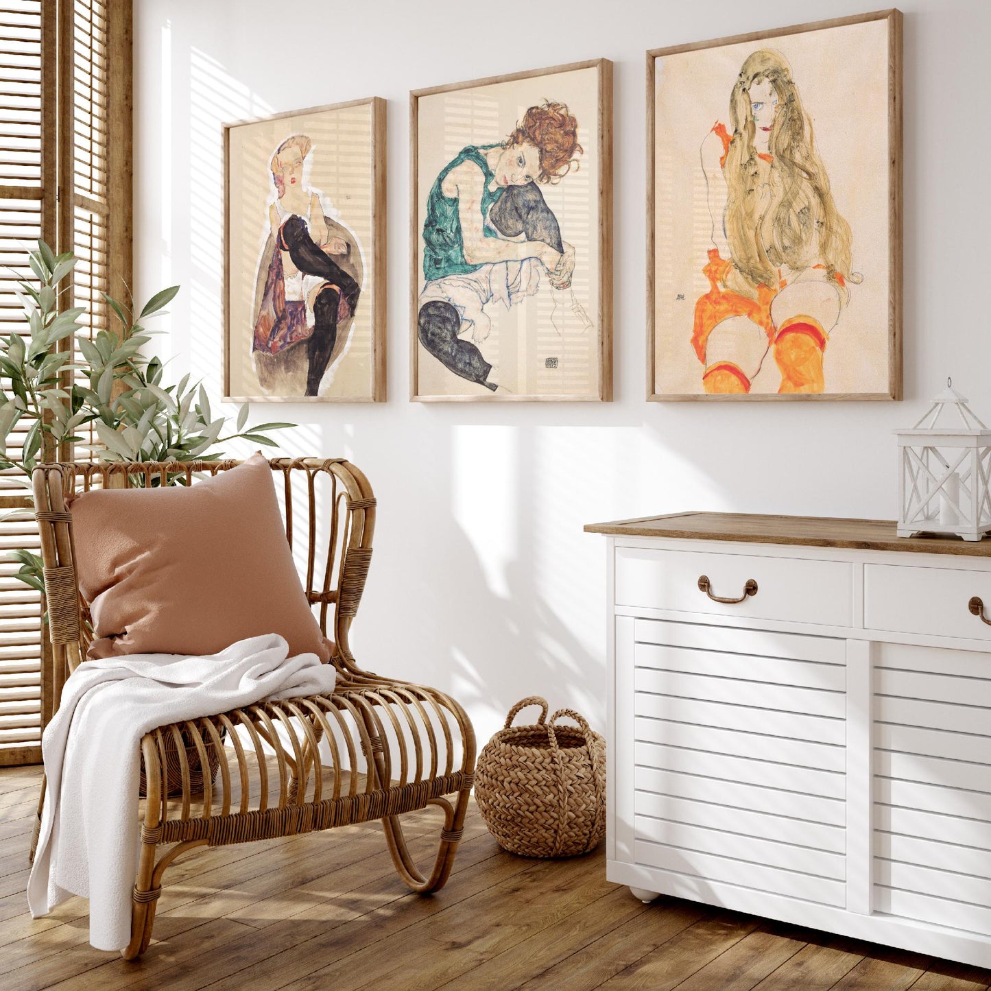 Set of Three Egon Schiele Art Prints - Girl with Crossed Legs, Seated Woman, Girl with Long Hair - Expressionist Watercolour Posters