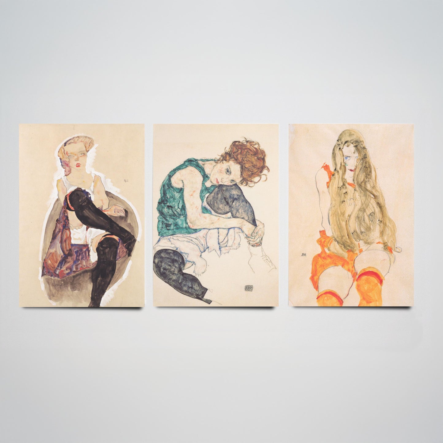 Set of Three Egon Schiele Art Prints - Girl with Crossed Legs, Seated Woman, Girl with Long Hair - Expressionist Watercolour Posters