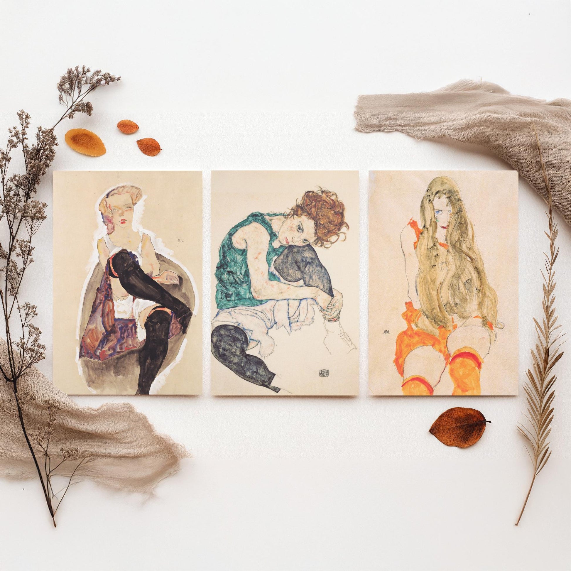 Set of Three Egon Schiele Art Prints - Girl with Crossed Legs, Seated Woman, Girl with Long Hair - Expressionist Watercolour Posters