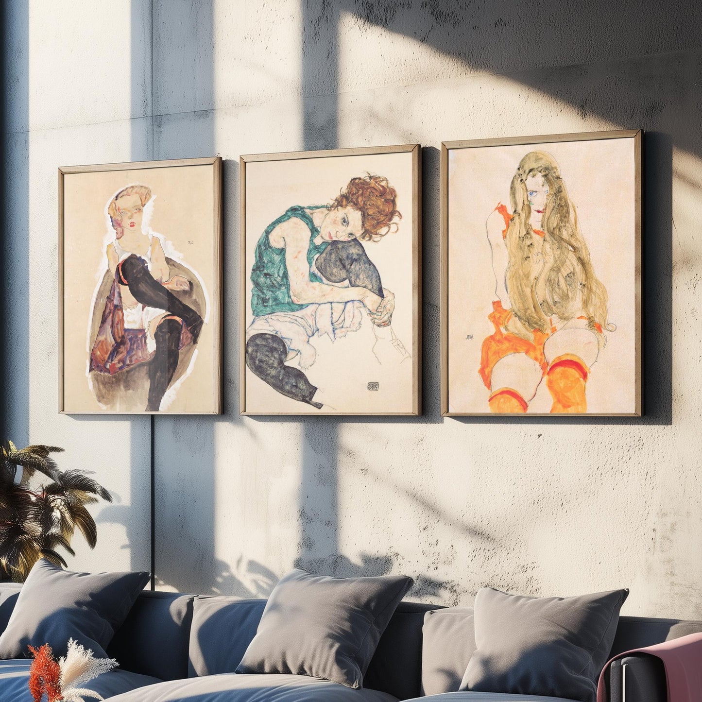Set of Three Egon Schiele Art Prints - Girl with Crossed Legs, Seated Woman, Girl with Long Hair - Expressionist Watercolour Posters
