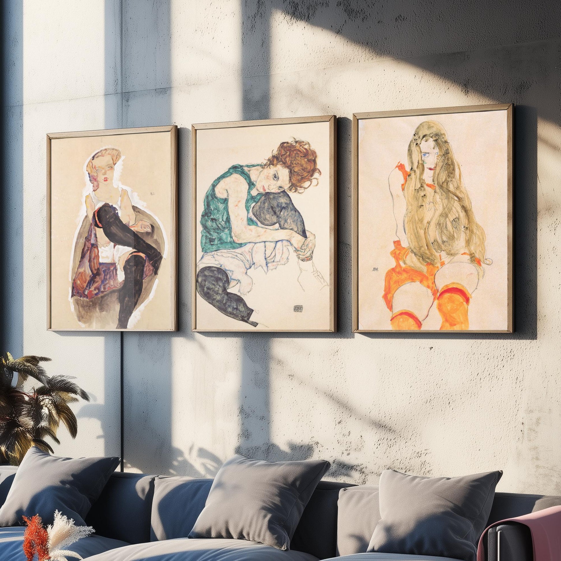 Set of Three Egon Schiele Art Prints - Girl with Crossed Legs, Seated Woman, Girl with Long Hair - Expressionist Watercolour Posters