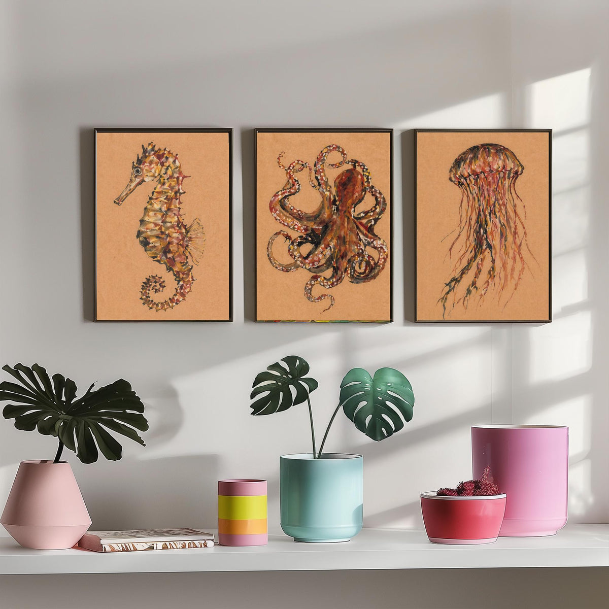 Sea Life Set of Three Art Prints - 3 Seahorse Octopus Jellyfish Posters - Egon Schiele Style Ocean Wall Art Gift Watercolour