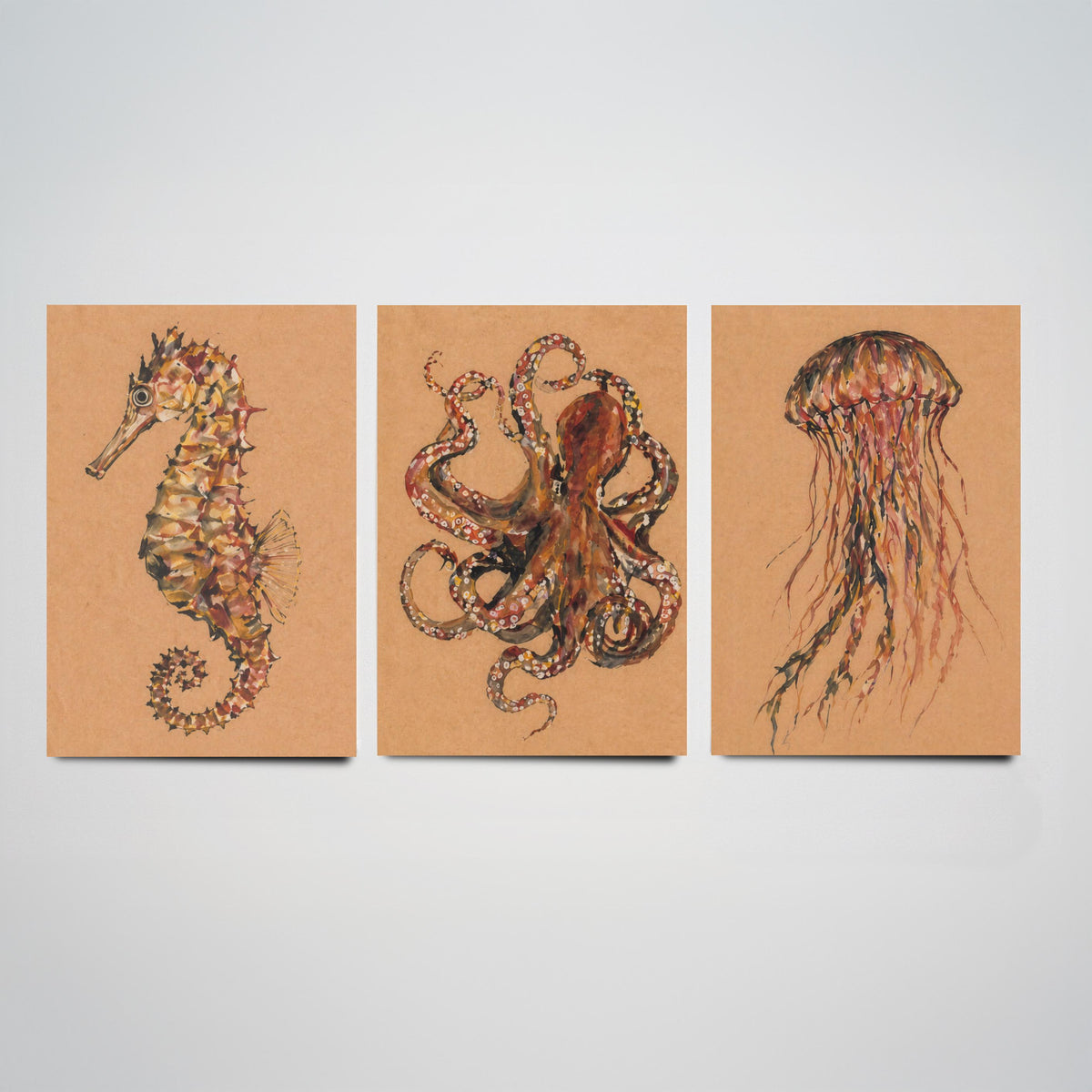 Sea Life Set of Three Art Prints - 3 Seahorse Octopus Jellyfish Posters - Egon Schiele Style Ocean Wall Art Gift Watercolour