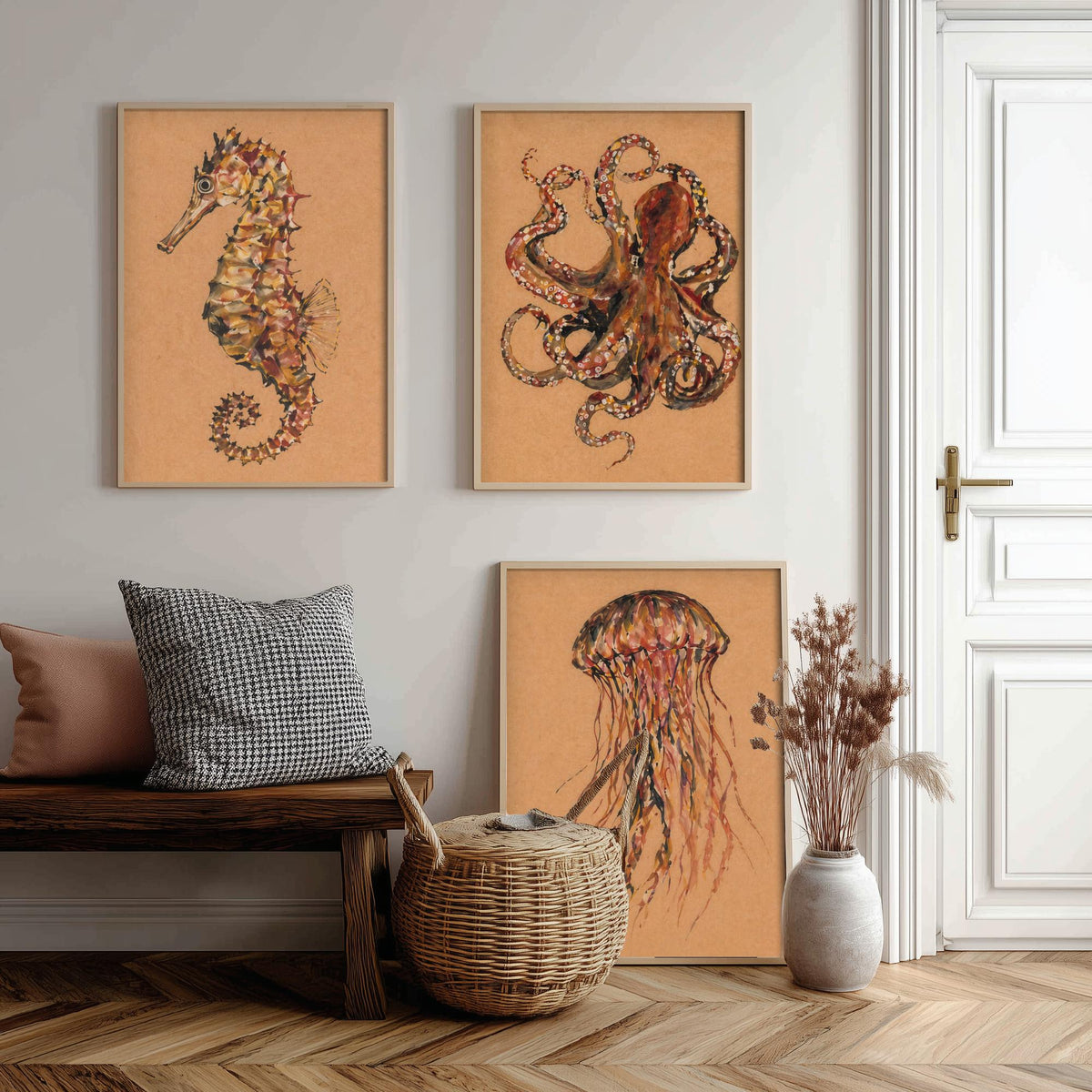 Sea Life Set of Three Art Prints - 3 Seahorse Octopus Jellyfish Posters - Egon Schiele Style Ocean Wall Art Gift Watercolour