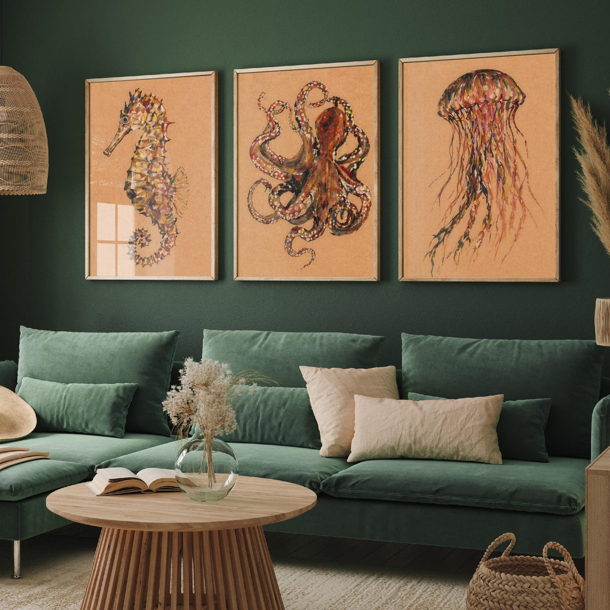Sea Life Set of Three Art Prints - 3 Seahorse Octopus Jellyfish Posters - Egon Schiele Style Ocean Wall Art Gift Watercolour