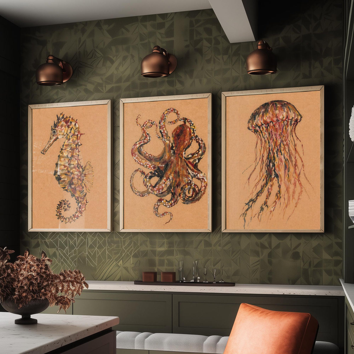 Sea Life Set of Three Art Prints - 3 Seahorse Octopus Jellyfish Posters - Egon Schiele Style Ocean Wall Art Gift Watercolour