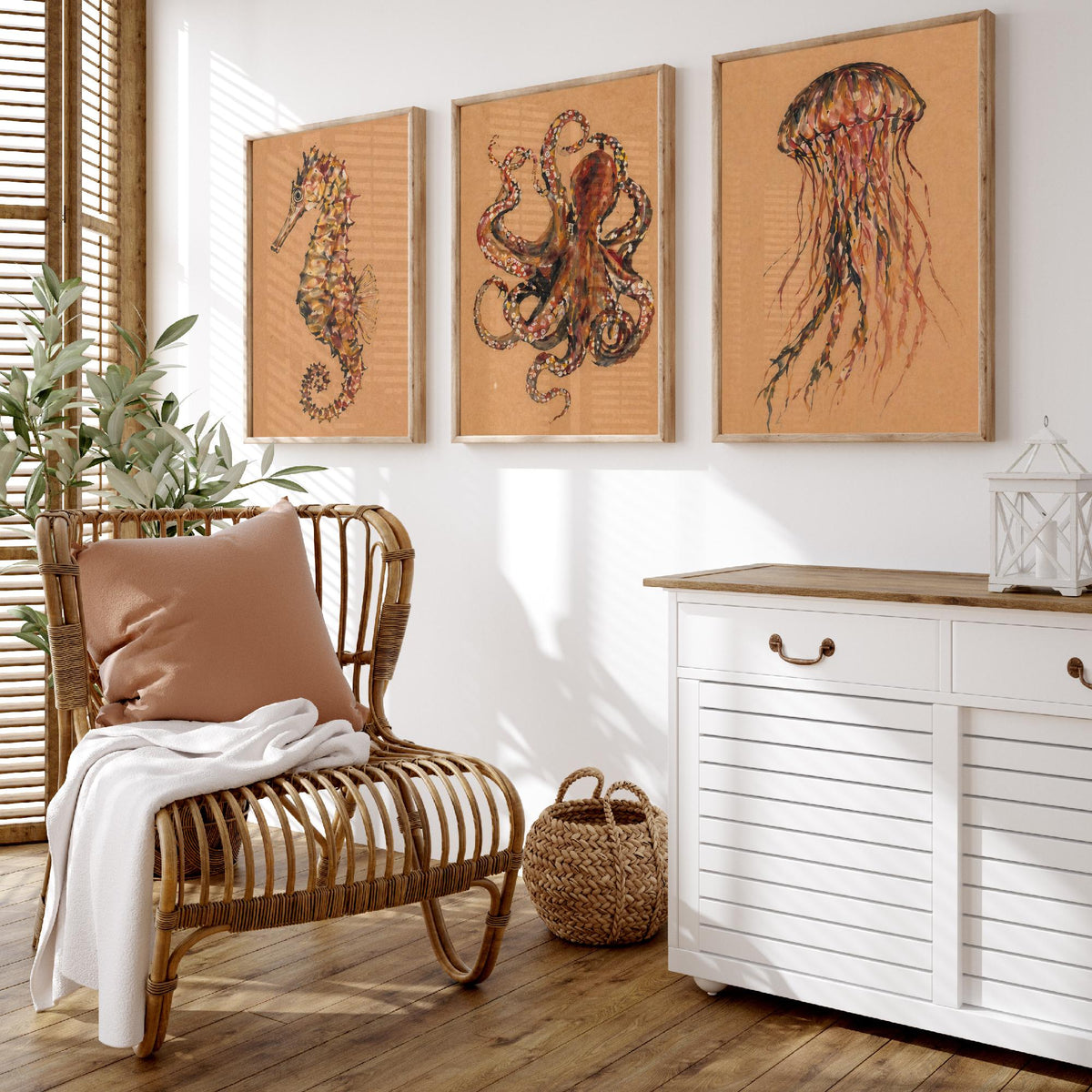 Sea Life Set of Three Art Prints - 3 Seahorse Octopus Jellyfish Posters - Egon Schiele Style Ocean Wall Art Gift Watercolour