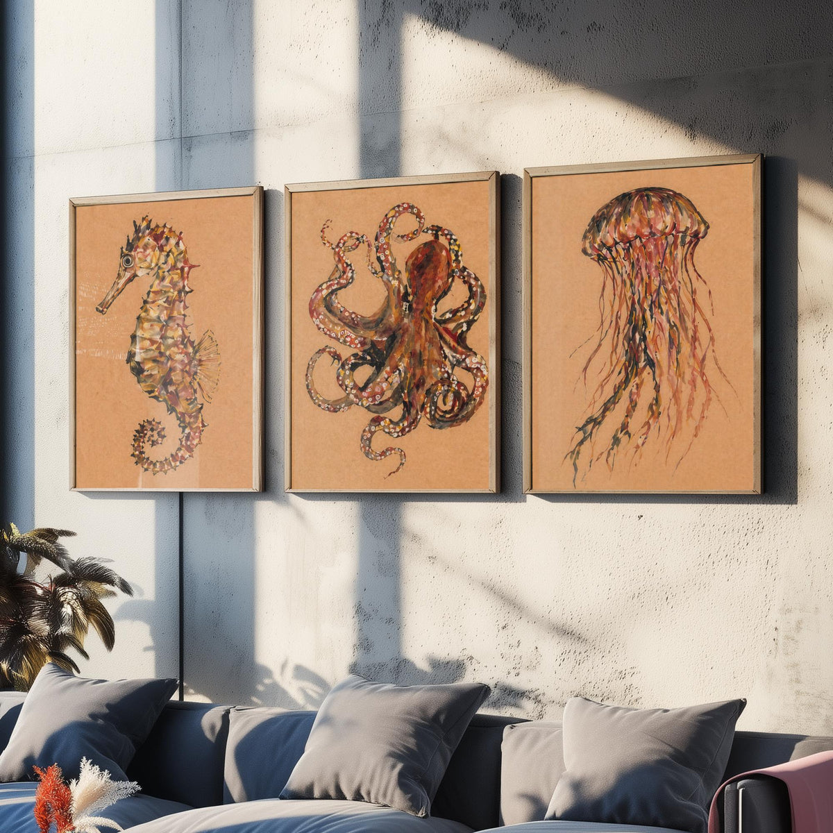 Sea Life Set of Three Art Prints - 3 Seahorse Octopus Jellyfish Posters - Egon Schiele Style Ocean Wall Art Gift Watercolour
