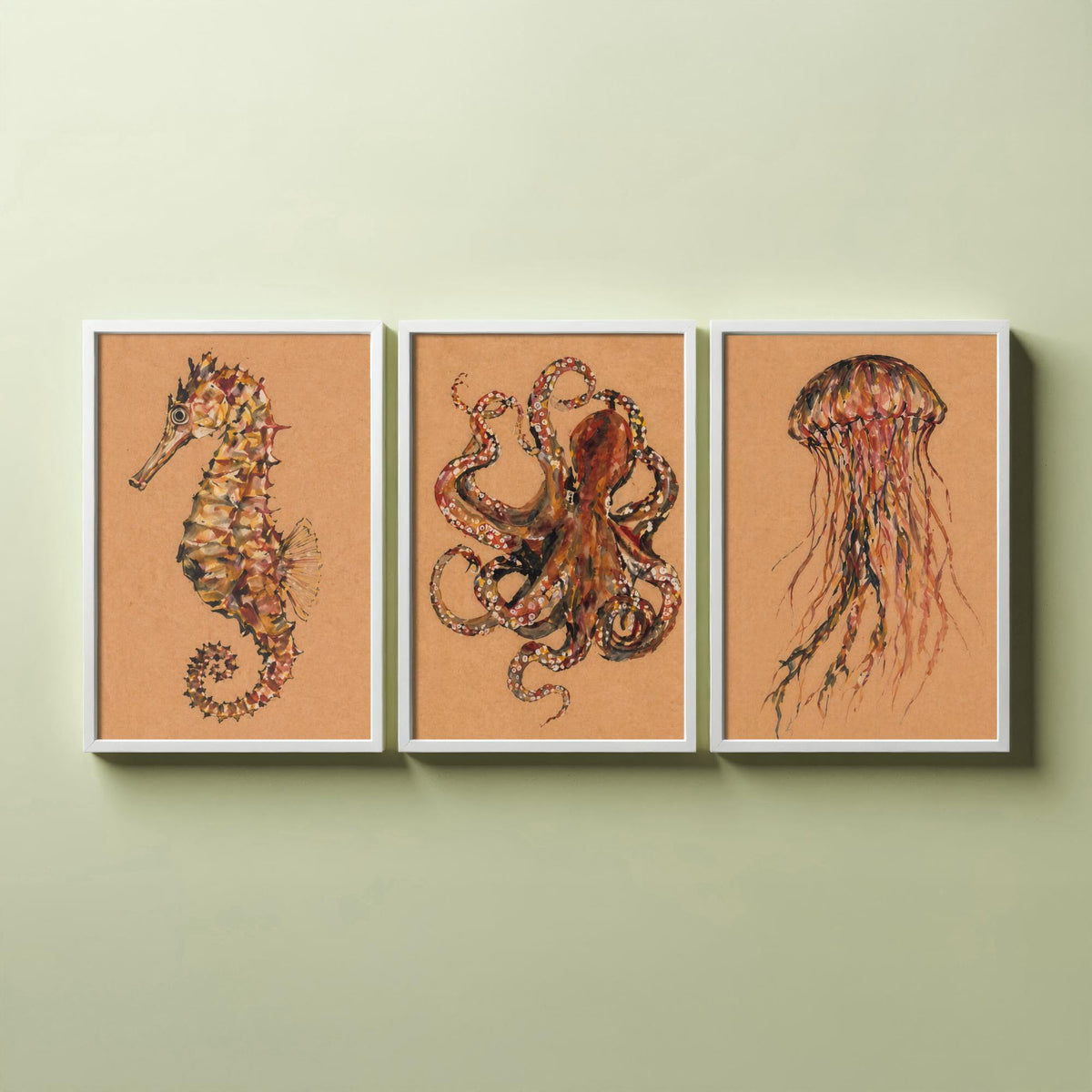 Sea Life Set of Three Art Prints - 3 Seahorse Octopus Jellyfish Posters - Egon Schiele Style Ocean Wall Art Gift Watercolour