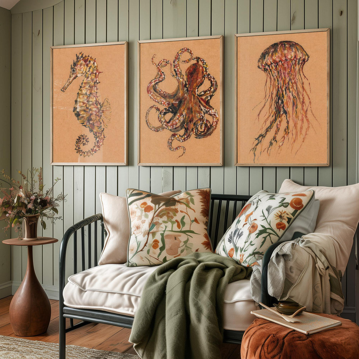 Sea Life Set of Three Art Prints - 3 Seahorse Octopus Jellyfish Posters - Egon Schiele Style Ocean Wall Art Gift Watercolour