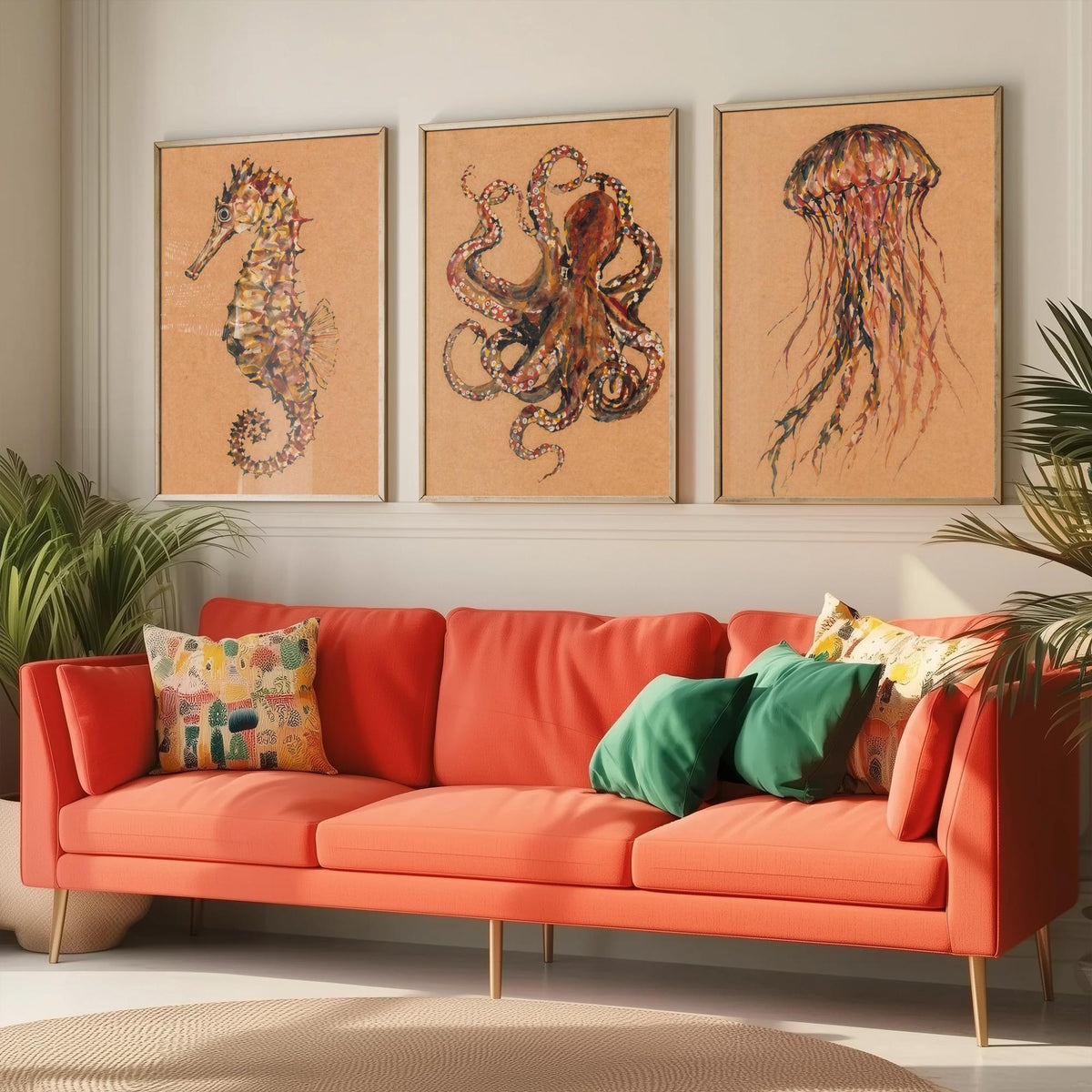 Sea Life Set of Three Art Prints - 3 Seahorse Octopus Jellyfish Posters - Egon Schiele Style Ocean Wall Art Gift Watercolour