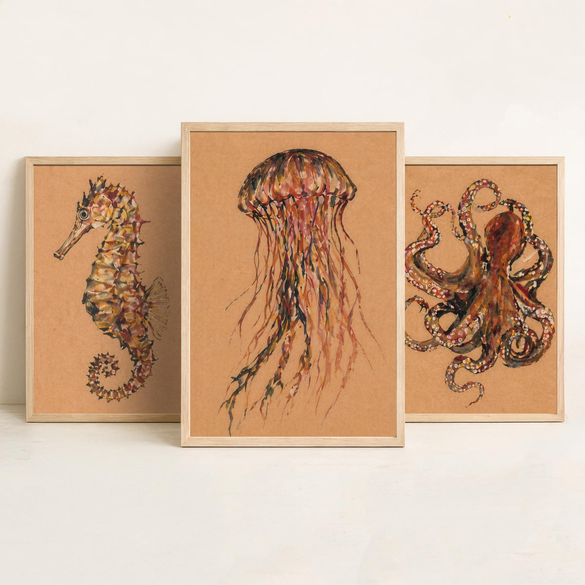 Sea Life Set of Three Art Prints - 3 Seahorse Octopus Jellyfish Posters - Egon Schiele Style Ocean Wall Art Gift Watercolour