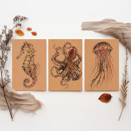 Sea Life Set of Three Art Prints - 3 Seahorse Octopus Jellyfish Posters - Egon Schiele Style Ocean Wall Art Gift Watercolour