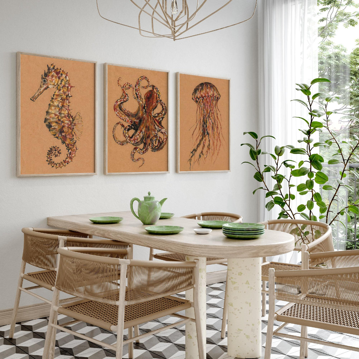 Sea Life Set of Three Art Prints - 3 Seahorse Octopus Jellyfish Posters - Egon Schiele Style Ocean Wall Art Gift Watercolour