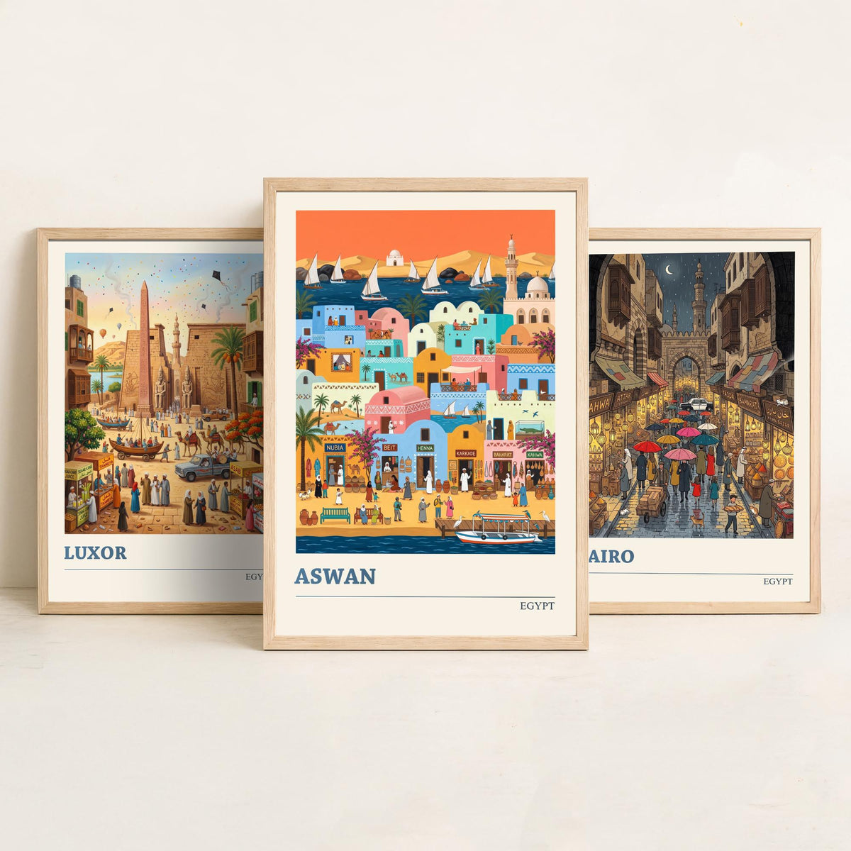 Egypt Set of Three Art Prints - Luxor, Cairo, Aswan - 3 Colourful Folk Illustration Travel Posters - Egyptian Painting