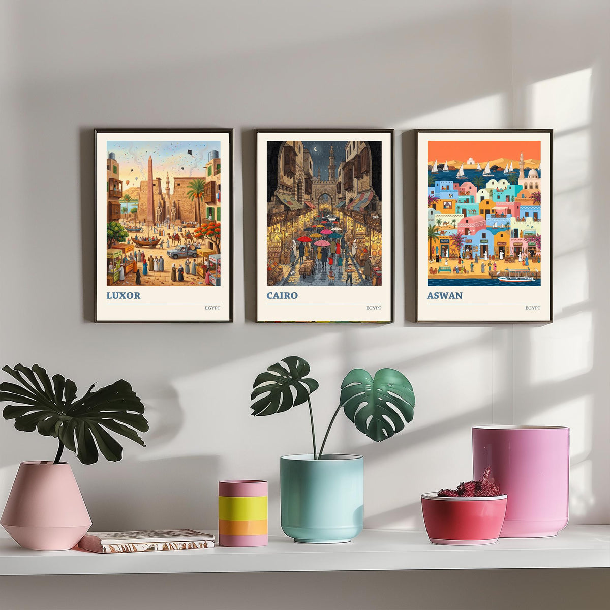 Egypt Set of Three Art Prints - Luxor, Cairo, Aswan - 3 Colourful Folk Illustration Travel Posters - Egyptian Painting