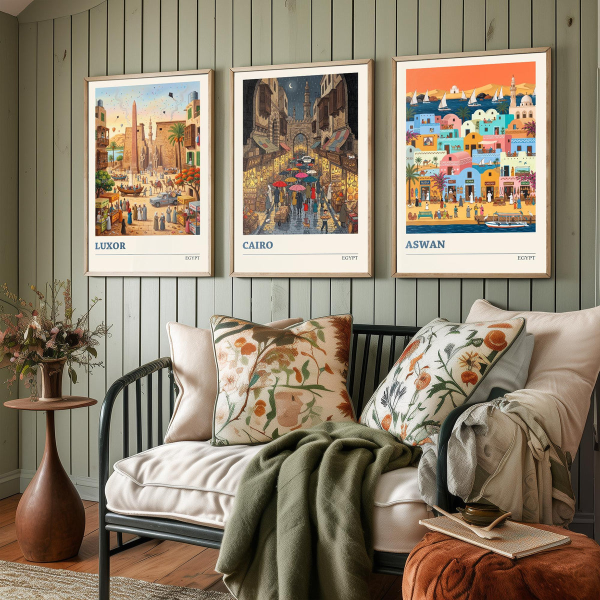 Egypt Set of Three Art Prints - Luxor, Cairo, Aswan - 3 Colourful Folk Illustration Travel Posters - Egyptian Painting