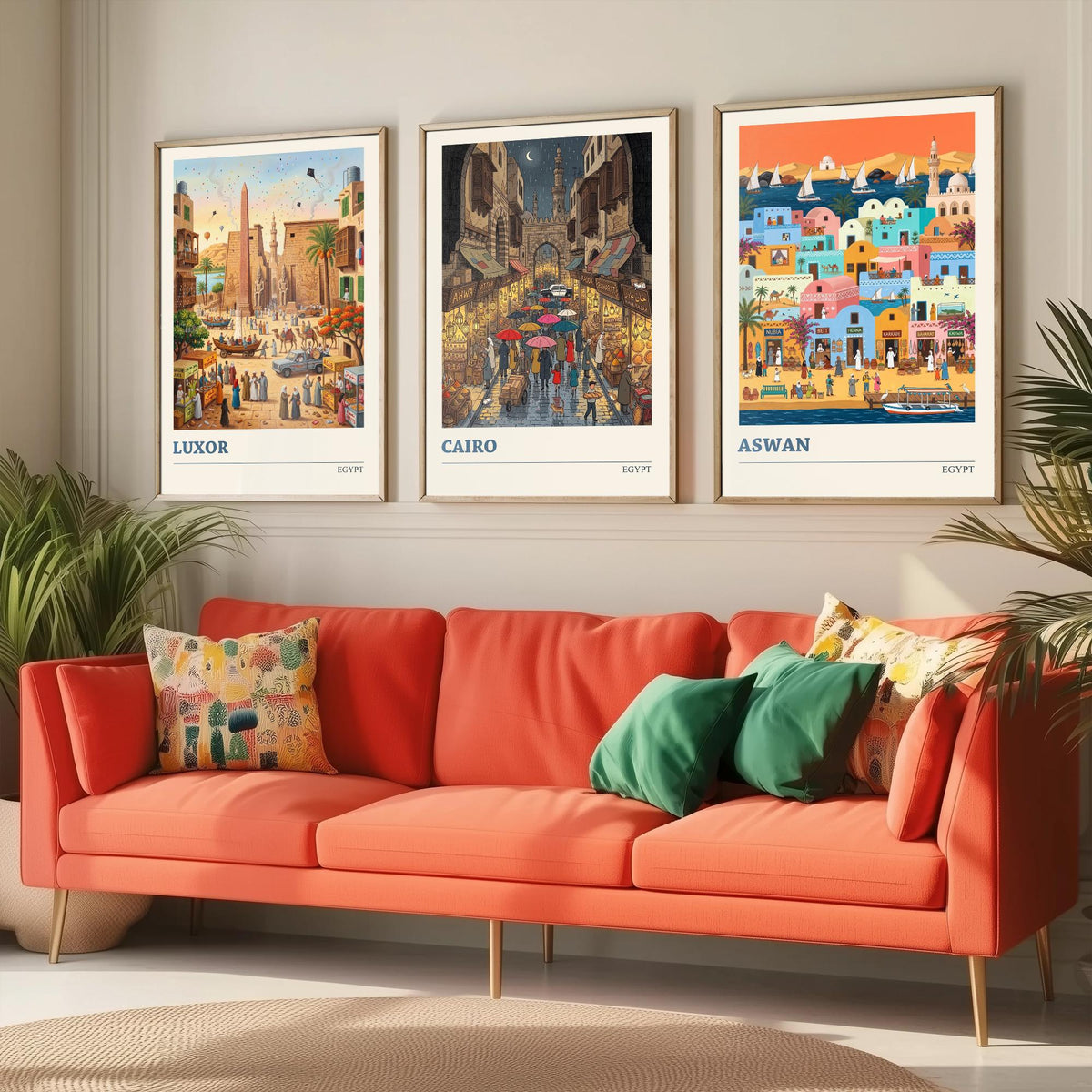 Egypt Set of Three Art Prints - Luxor, Cairo, Aswan - 3 Colourful Folk Illustration Travel Posters - Egyptian Painting