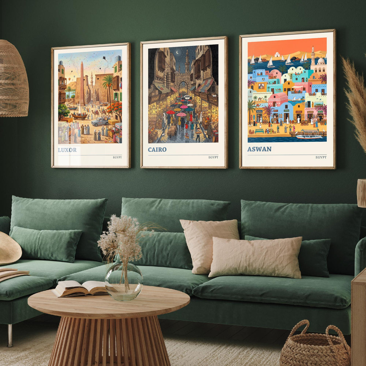 Egypt Set of Three Art Prints - Luxor, Cairo, Aswan - 3 Colourful Folk Illustration Travel Posters - Egyptian Painting