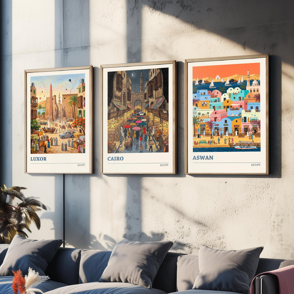 Egypt Set of Three Art Prints - Luxor, Cairo, Aswan - 3 Colourful Folk Illustration Travel Posters - Egyptian Painting