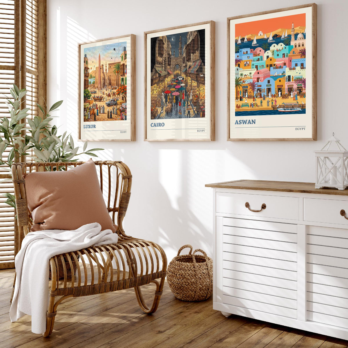 Egypt Set of Three Art Prints - Luxor, Cairo, Aswan - 3 Colourful Folk Illustration Travel Posters - Egyptian Painting
