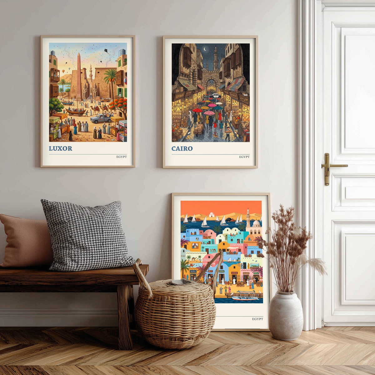 Egypt Set of Three Art Prints - Luxor, Cairo, Aswan - 3 Colourful Folk Illustration Travel Posters - Egyptian Painting