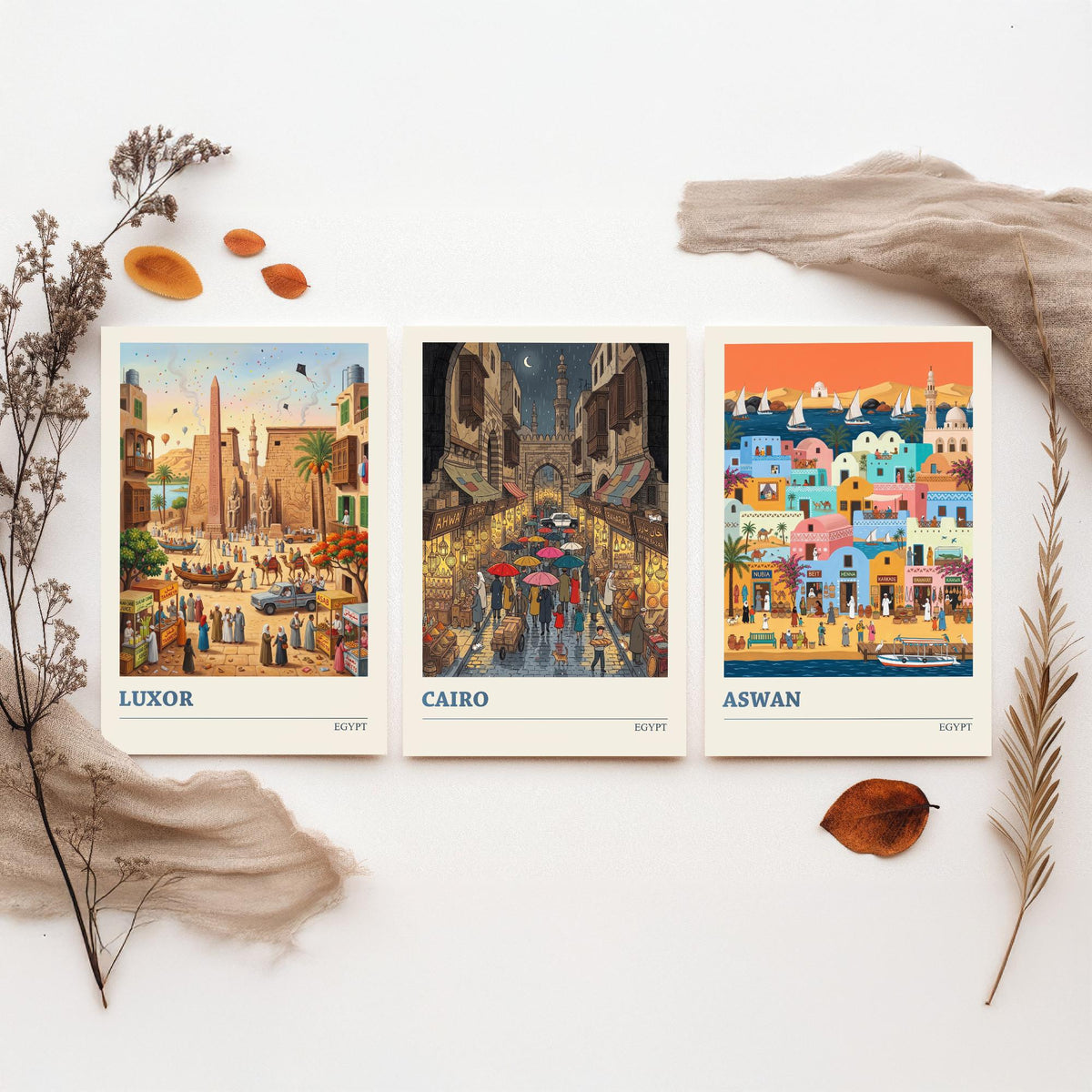 Egypt Set of Three Art Prints - Luxor, Cairo, Aswan - 3 Colourful Folk Illustration Travel Posters - Egyptian Painting