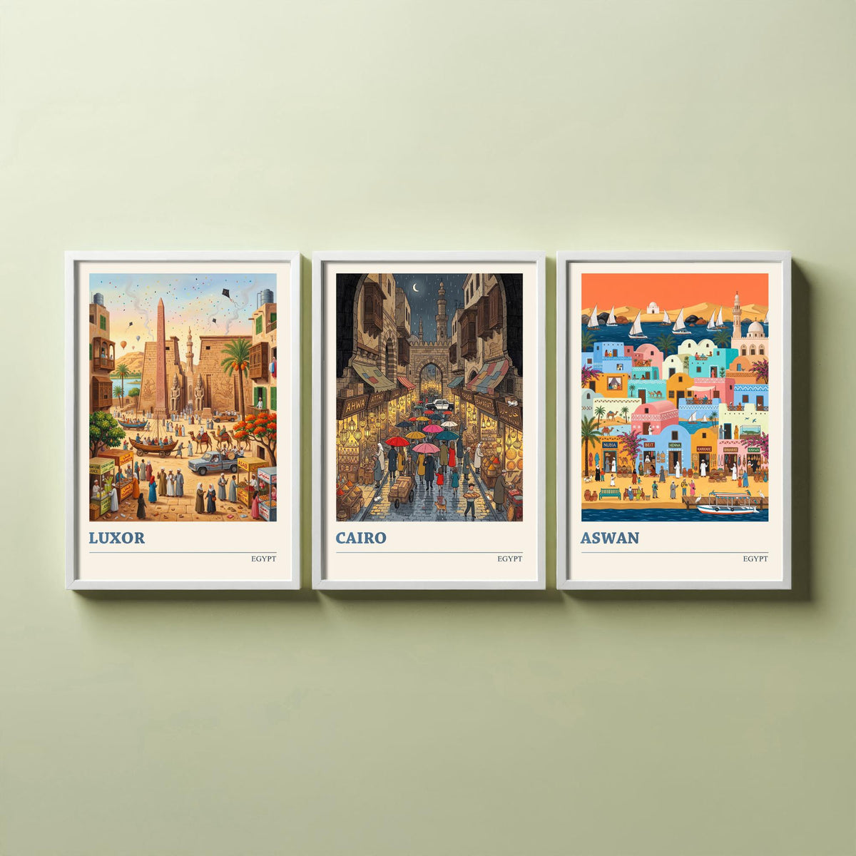 Egypt Set of Three Art Prints - Luxor, Cairo, Aswan - 3 Colourful Folk Illustration Travel Posters - Egyptian Painting
