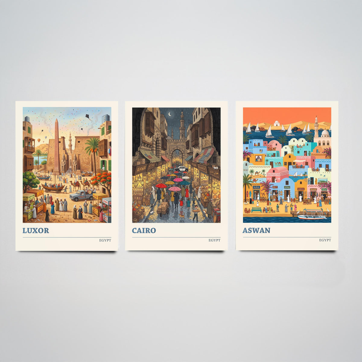 Egypt Set of Three Art Prints - Luxor, Cairo, Aswan - 3 Colourful Folk Illustration Travel Posters - Egyptian Painting