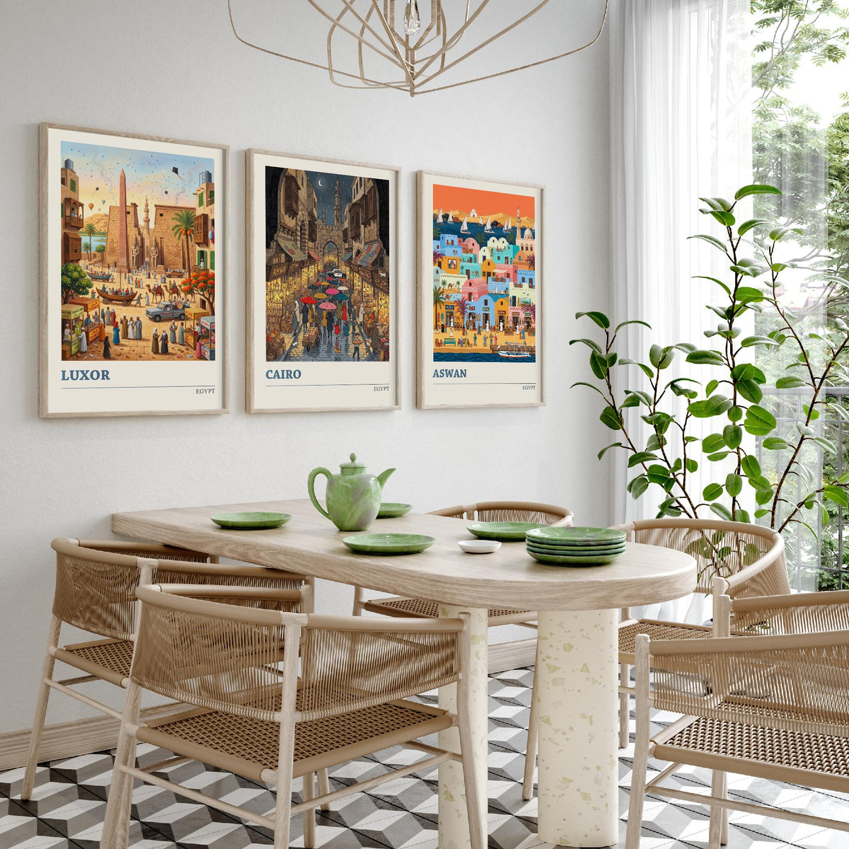 Egypt Set of Three Art Prints - Luxor, Cairo, Aswan - 3 Colourful Folk Illustration Travel Posters - Egyptian Painting