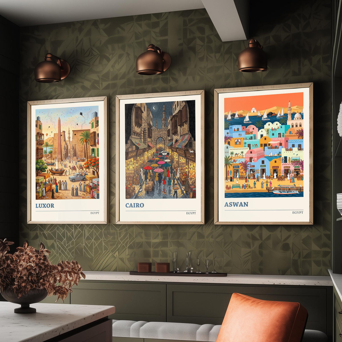 Egypt Set of Three Art Prints - Luxor, Cairo, Aswan - 3 Colourful Folk Illustration Travel Posters - Egyptian Painting