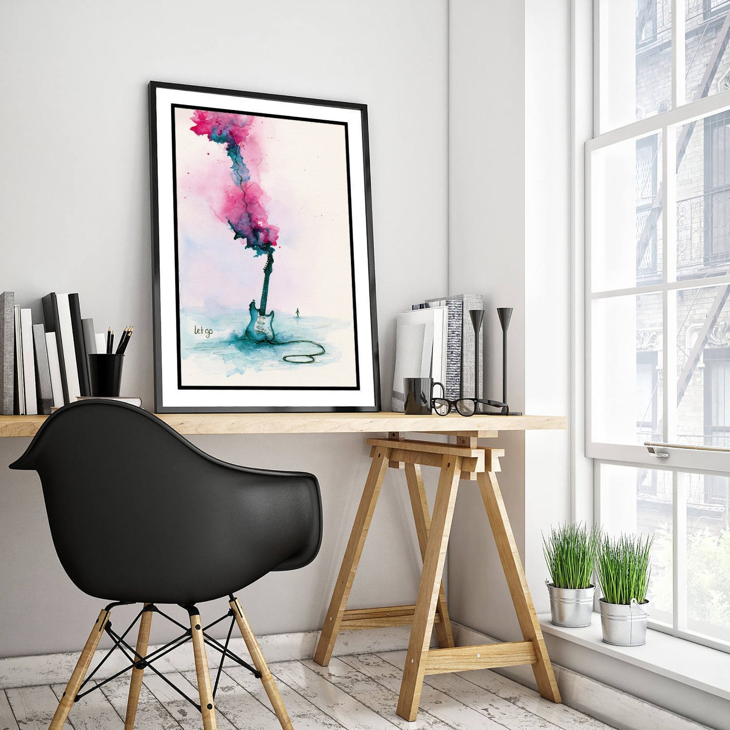 Electric Guitar Watercolour Art Print - Let Go Music Poster - Loose Ink Guitarist Wall Art 1/3