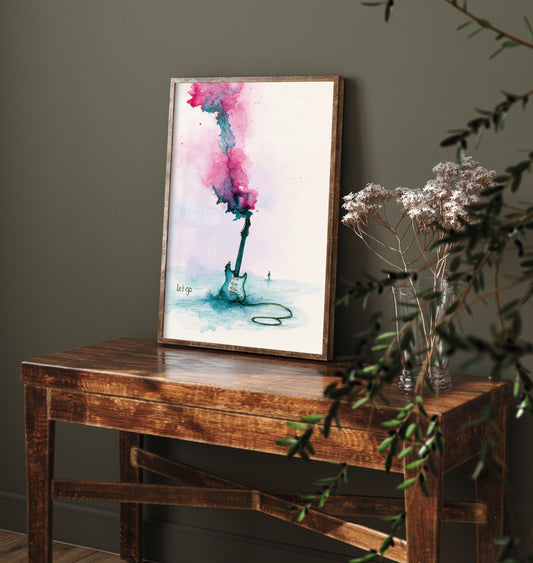 Electric Guitar Watercolour Art Print - Let Go Music Poster - Loose Ink Guitarist Wall Art 1/3