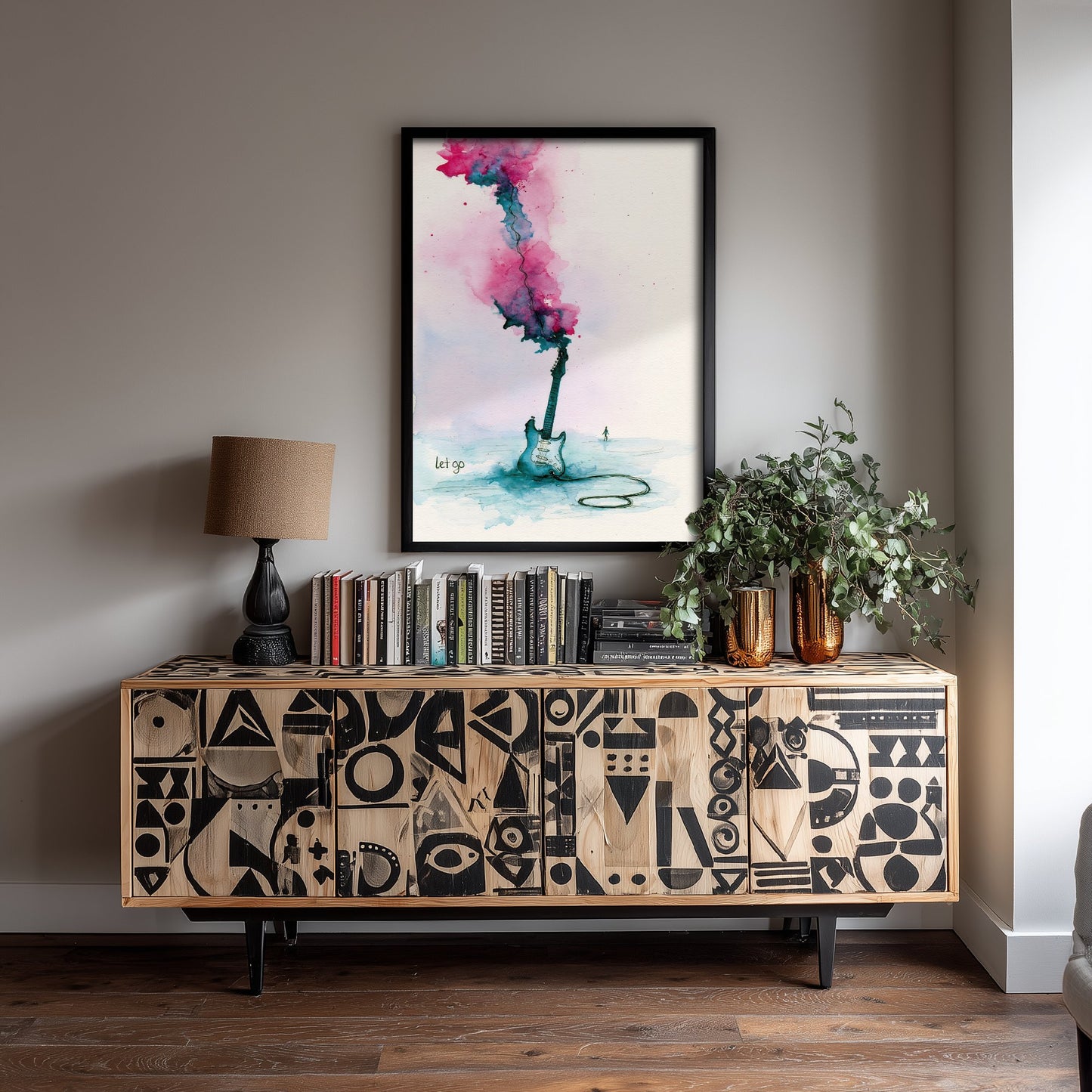 Electric Guitar Watercolour Art Print - Let Go Music Poster - Loose Ink Guitarist Wall Art 1/3