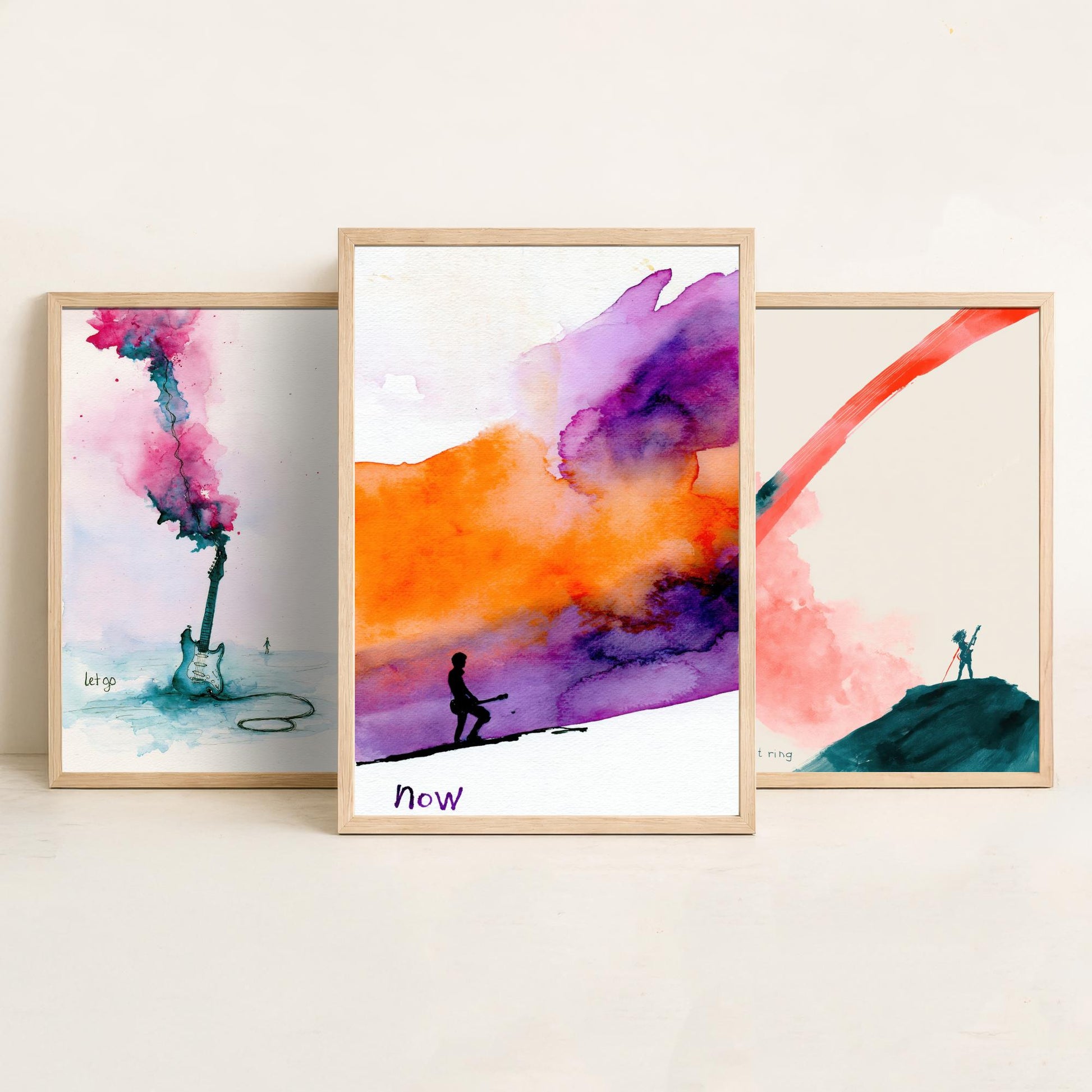 Electric Guitar Set of Three Art Prints - Let Go, Let It Ring, Now - Music Wall Art Poster Watercolour Painting Gift Decor