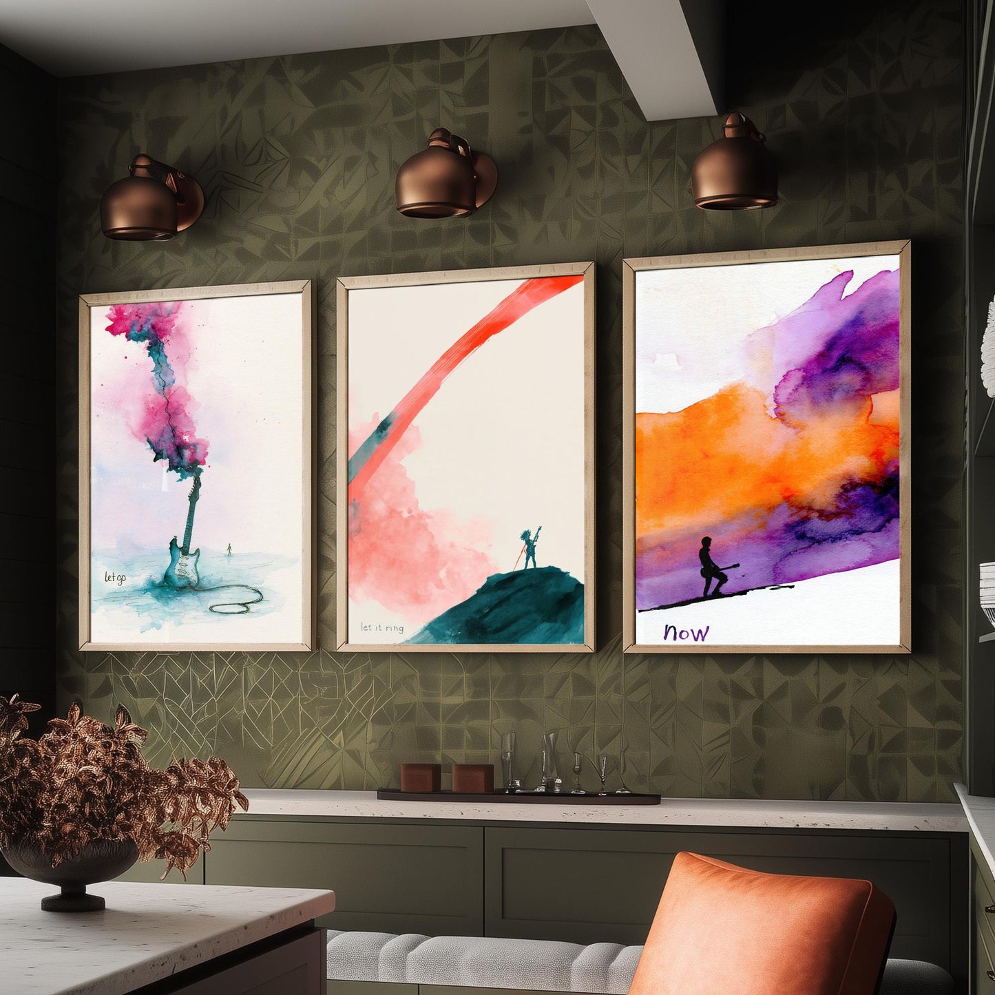 Electric Guitar Set of Three Art Prints - Let Go, Let It Ring, Now - Music Wall Art Poster Watercolour Painting Gift Decor