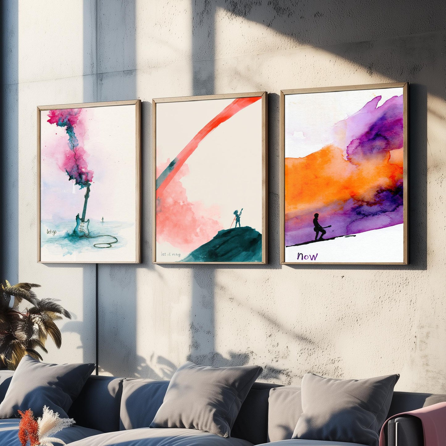 Electric Guitar Set of Three Art Prints - Let Go, Let It Ring, Now - Music Wall Art Poster Watercolour Painting Gift Decor